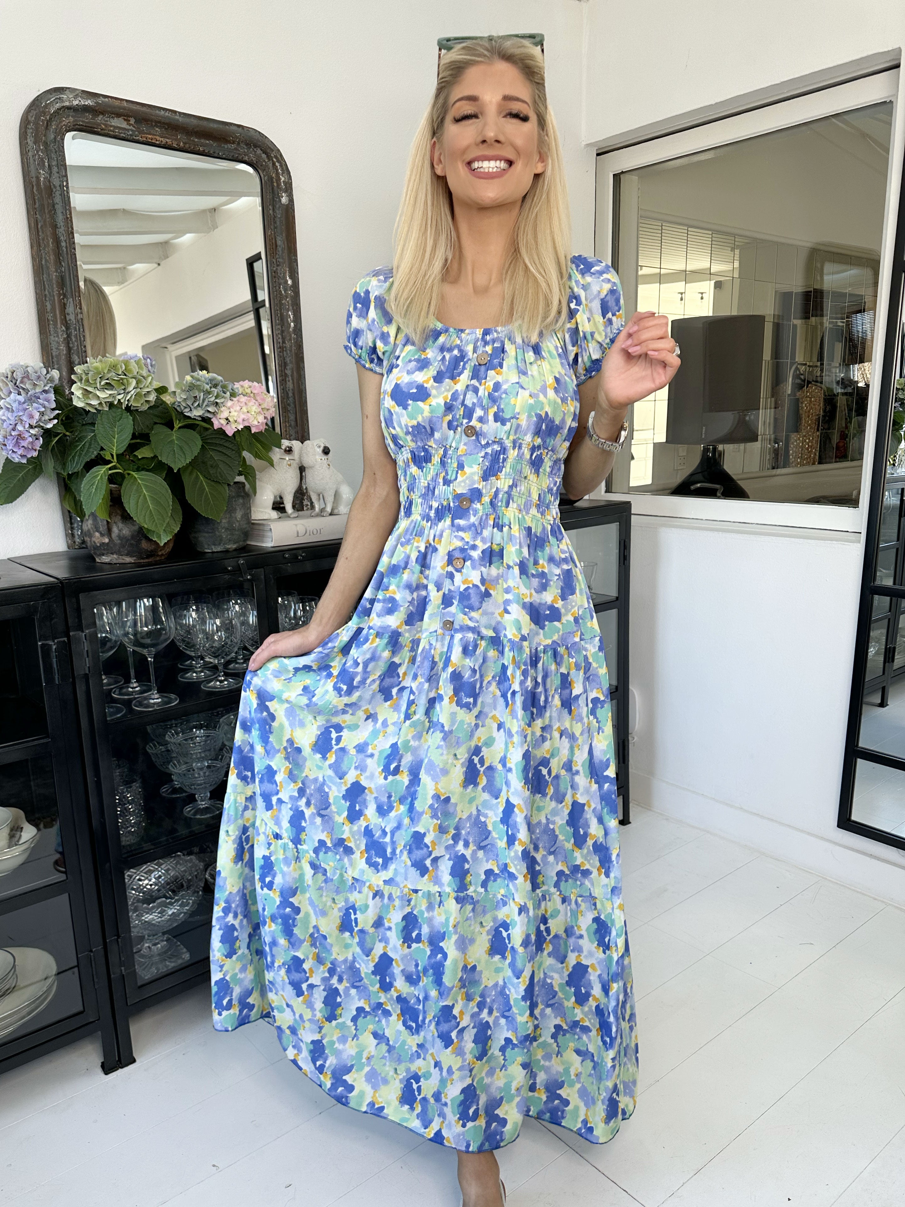 Finalia Art - Lang flerfarvet kjole i viskose med elastik i taljen